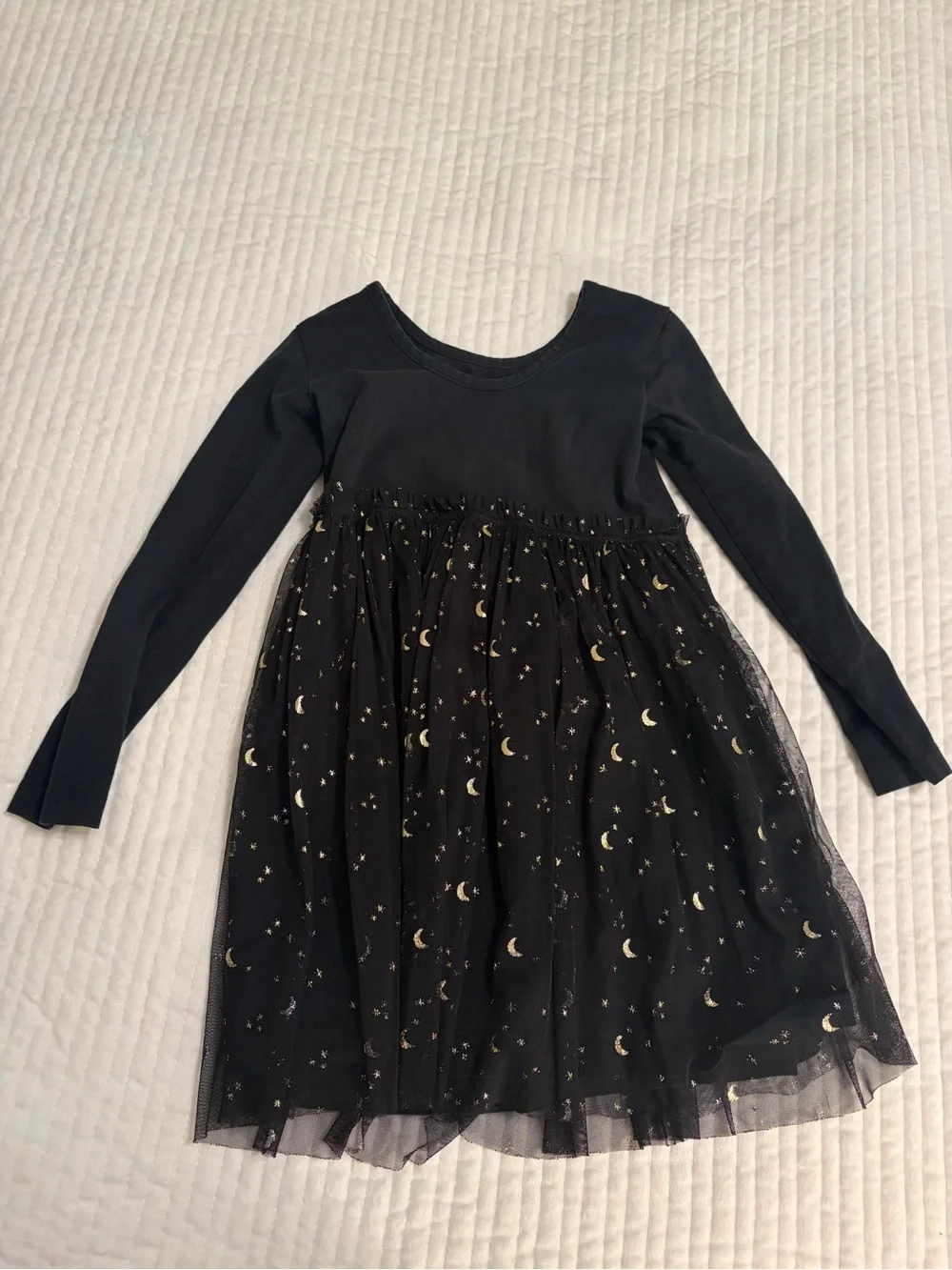Hanna Andersson Black Long-Sleeve Tulle Dress with Gold Moon Print